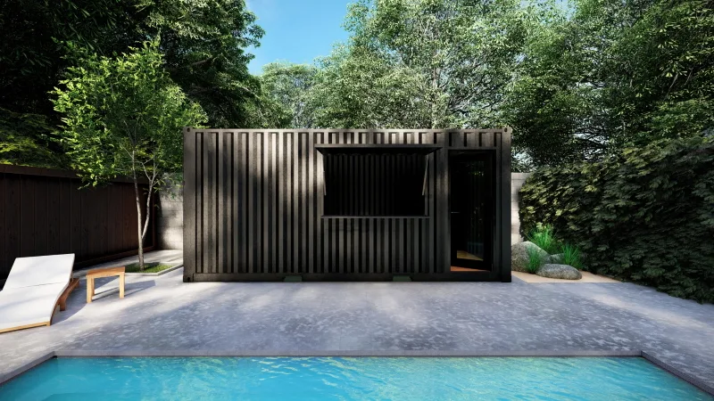 POOL HOUSE EN CONTAINER AVEC AUVENT TYPE BAR POUR CUISINE D’ÉTÉ