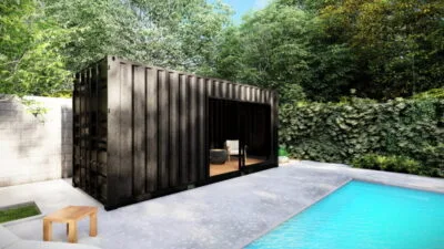 POOL HOUSE EN CONTAINER AVEC BAIE VITRÉE ET LOCAL FERMÉ
