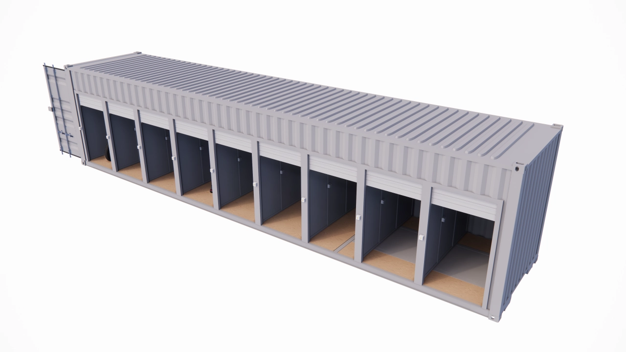 GARAGE MOTOS 9 PLACES ET 9 PORTES EN CONTAINER DE 40 PIEDS