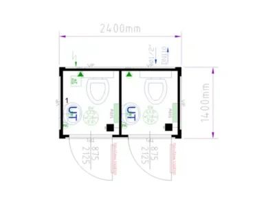 BUNGALOW BOX 3,3 M² : DUO CABINES WC  8 PIEDS