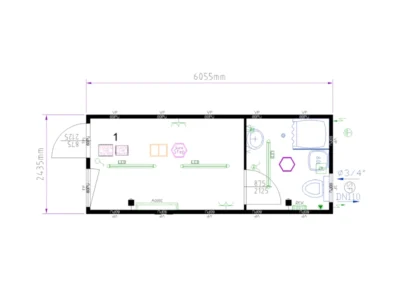 BUNGALOW VESTIAIRE ET SANITAIRE 14,7 M² : 1 DOUCHE ET 1 WC  20 PIEDS