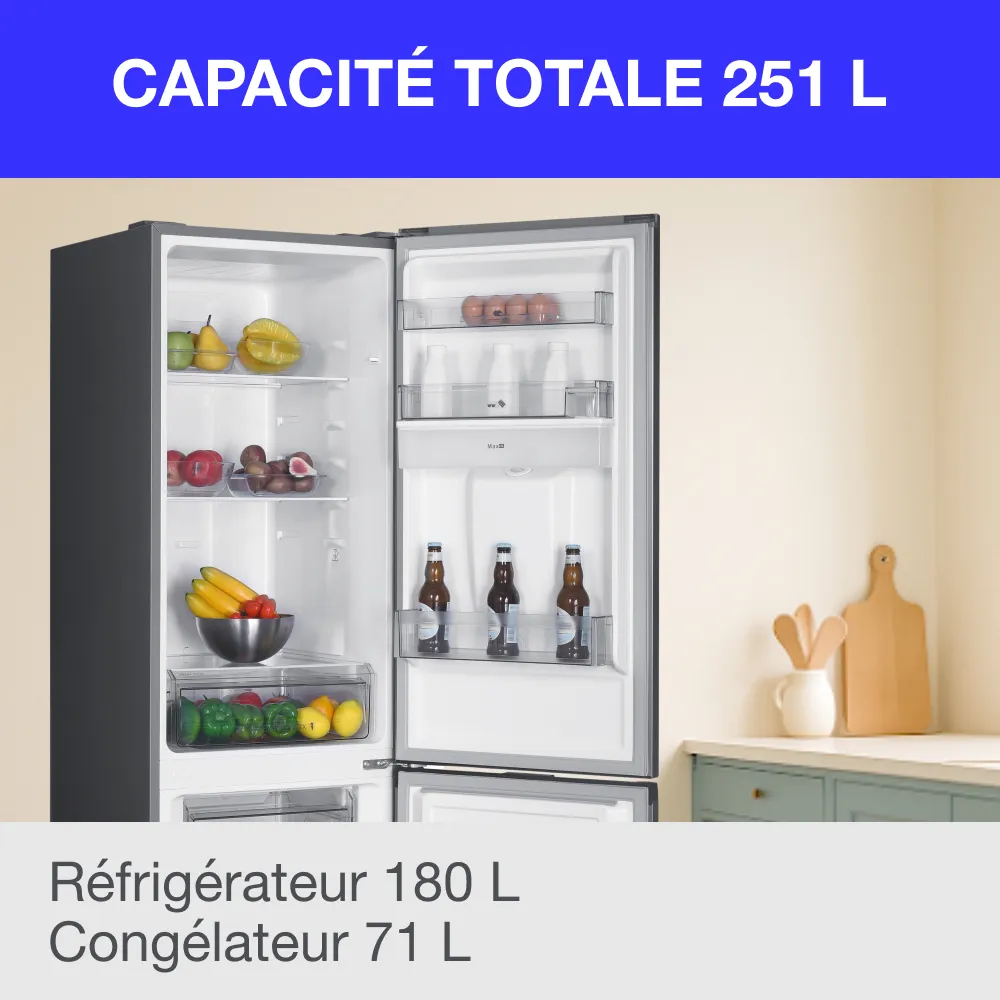 Réfrigérateur congélateur bas CONTINENTAL EDISON - 251L -Total No Frost(Sans givre) - Inox - L 55 cm x H 180 cm