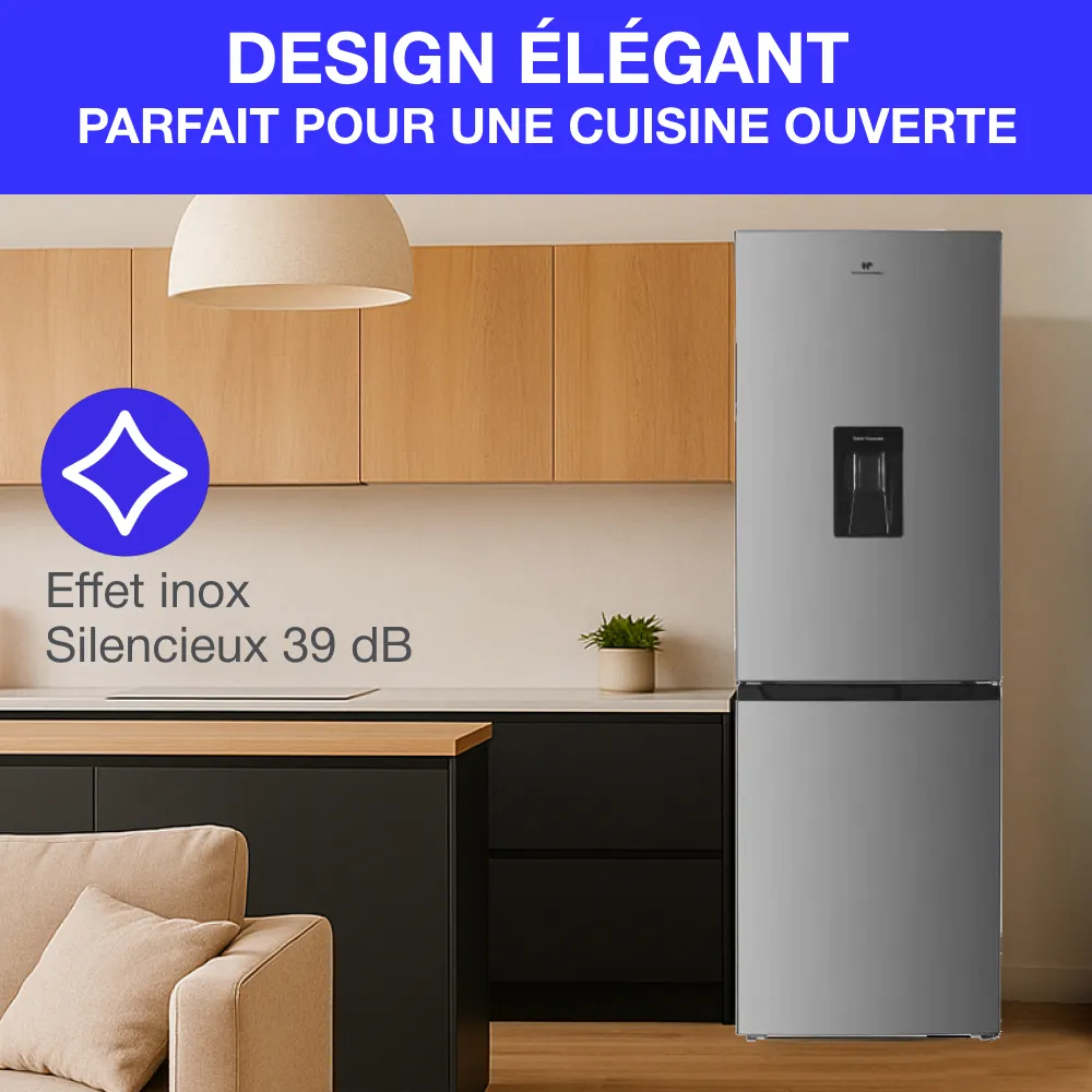 Réfrigérateur congélateur bas CONTINENTAL EDISON - 251L -Total No Frost(Sans givre) - Inox - L 55 cm x H 180 cm