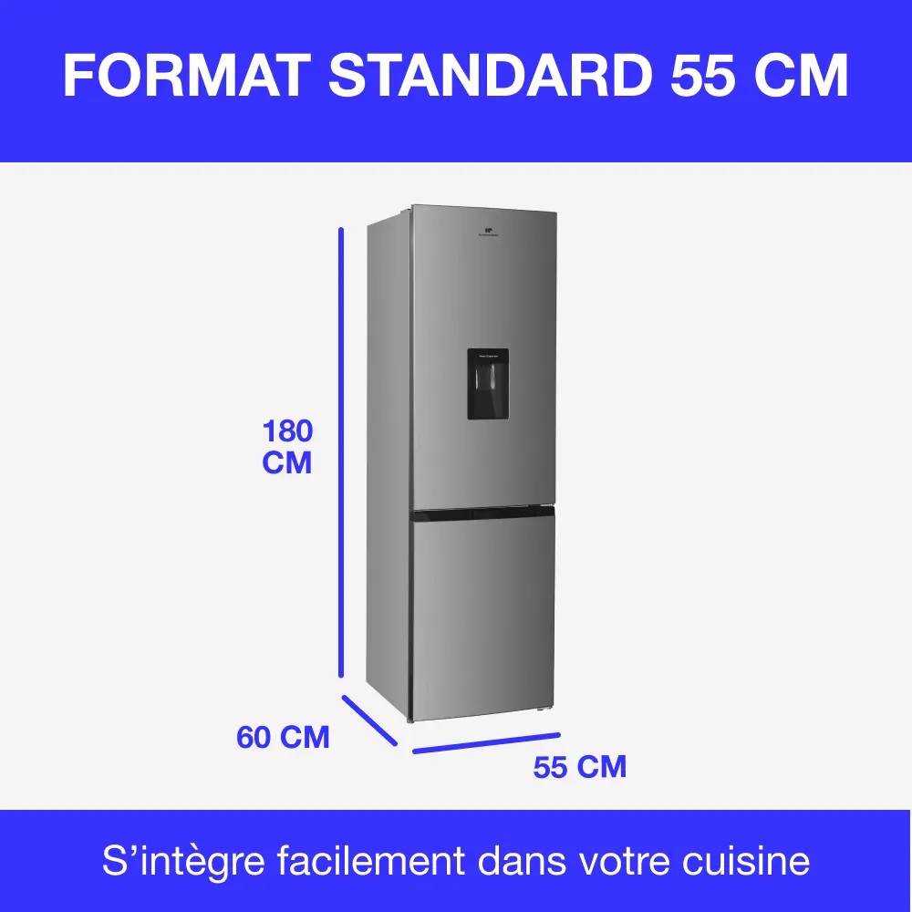 Réfrigérateur congélateur bas CONTINENTAL EDISON - 251L -Total No Frost(Sans givre) - Inox - L 55 cm x H 180 cm